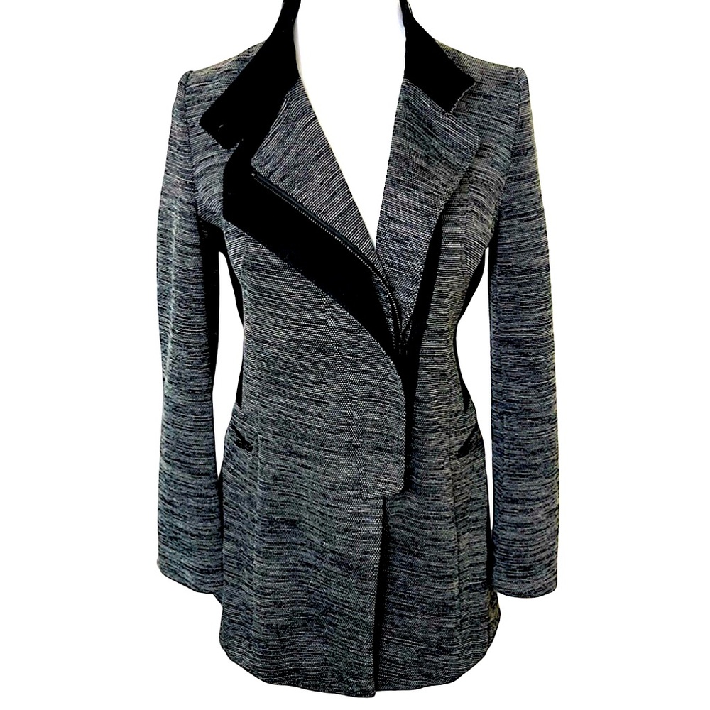 SOLEZIA Women’s Stretch Blazer Black Stretch Moto Inspired Long Fitted Zip Front - Picture 2 of 13